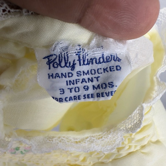 Polly Flinders Dress Girl 3-9M Yellow Embroidered Smocked Lace Trim VTG Cottage - Picture 5 of 5